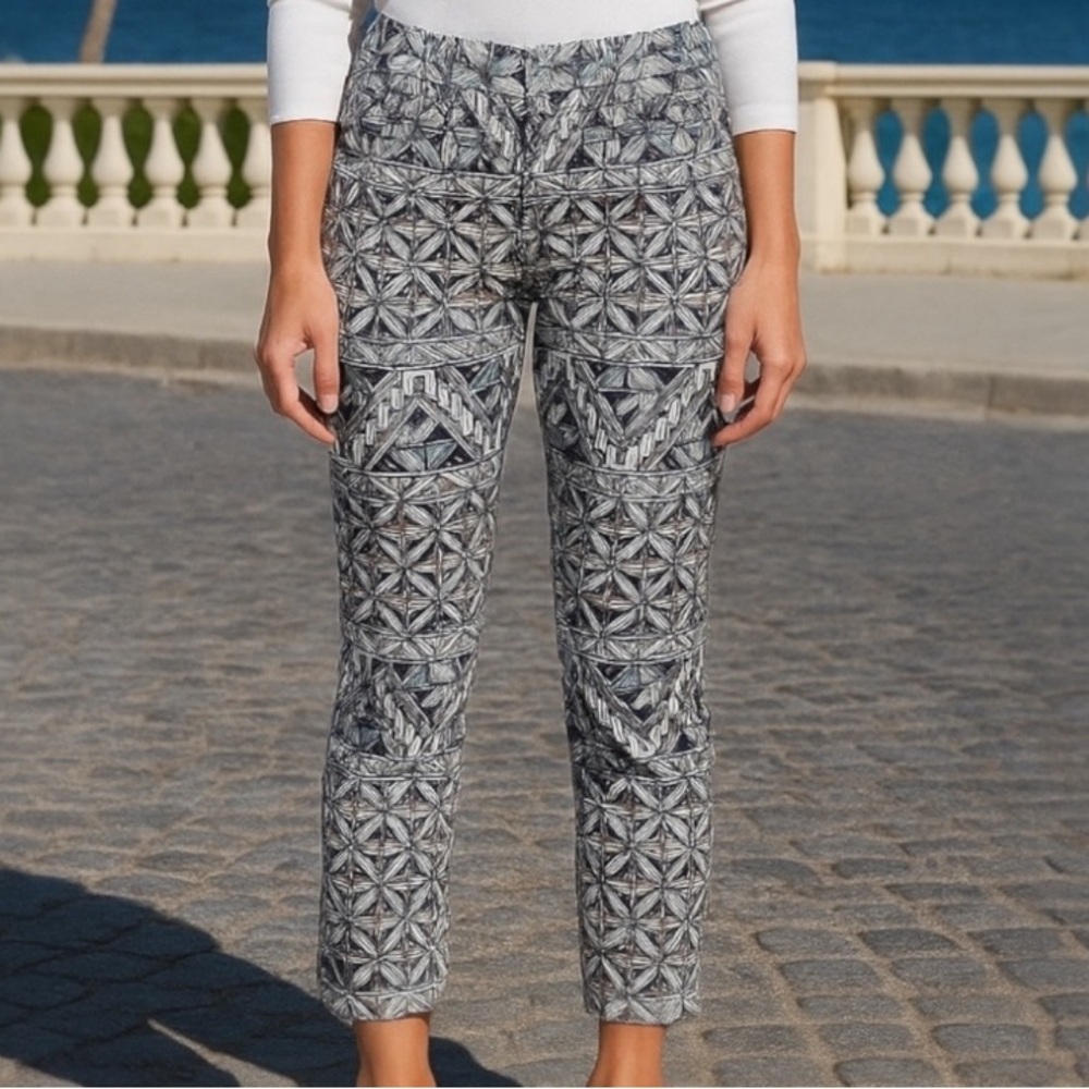 Tory Burch Acoma Geo Coastal Boho Designer Cropped Jeans Pants Riviera Blue